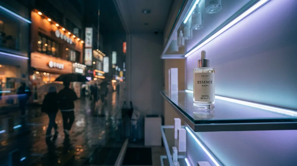 A cinematic, late-night neon-lit Seoul retail space with blurred shoppers in the background and a sharp focus on a single, minimalist serum bottle