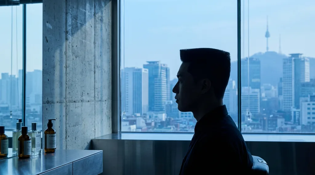 A minimalist, high-end Seoul barber shop at dawn, featuring raw concrete walls and a single, perfectly groomed silhouette against a soft-focus city skyline