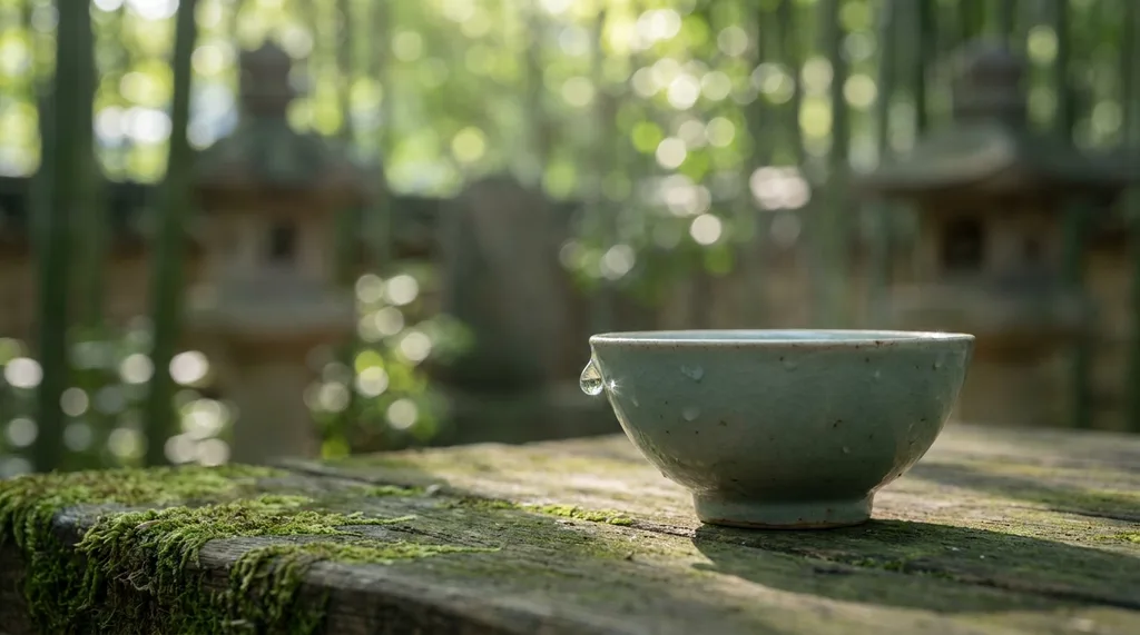 A serene, traditional Korean wabi-sabi setting with a minimalist celadon bowl, invoking deep hydration and timeless beauty
