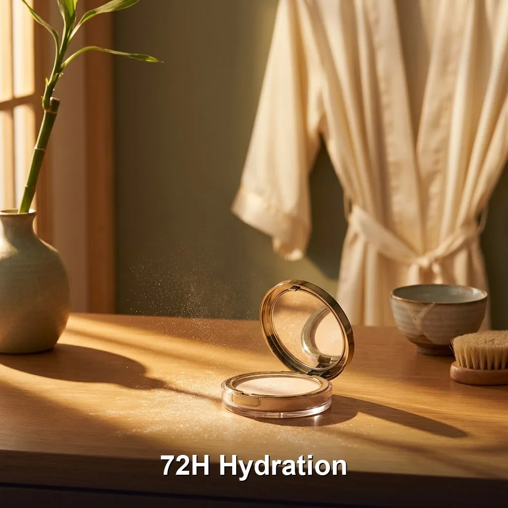 A serene, zen-inspired vanity space with warm, golden-hour light hitting a small, elegant compact of translucent powder
