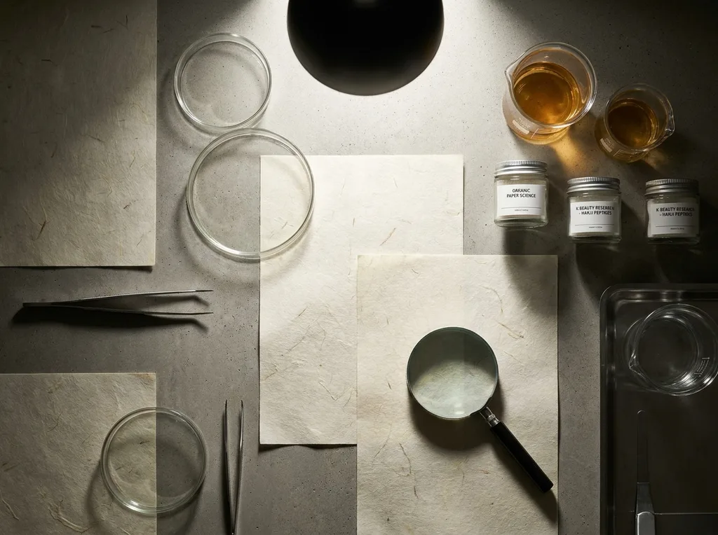 A sterile but organic laboratory environment where traditional hanji paper meets modern scientific observation