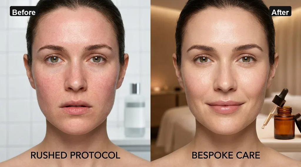 A split-screen composition showing a side-by-side view of a skin barrier recovery process, emphasizing the difference between rushed, protocol-driven results and bespoke, patient-centered care