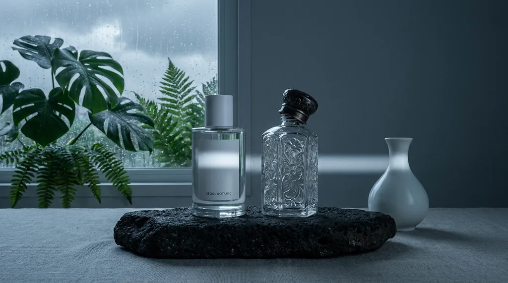 Cold smooth glass under fingertips, two bottles side by side on rough volcanic basalt one minimal, one ornate a single thread of morning light crossing both at the same height, as if weighing them One cap is slightly ajar, not yet decided Eye level, Joseon-era white porcelain alongside