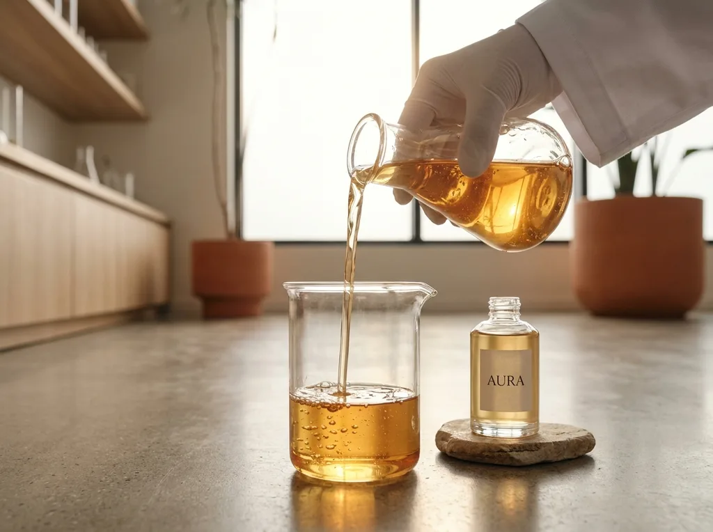 A clean, modern laboratory combined with warm organic textures scientific precision meeting sensory elegance