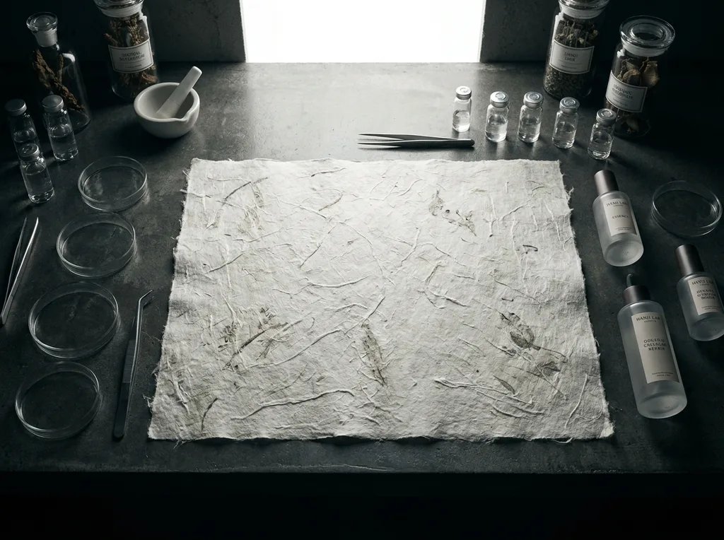 A sterile but organic laboratory environment where traditional hanji paper meets modern scientific observation