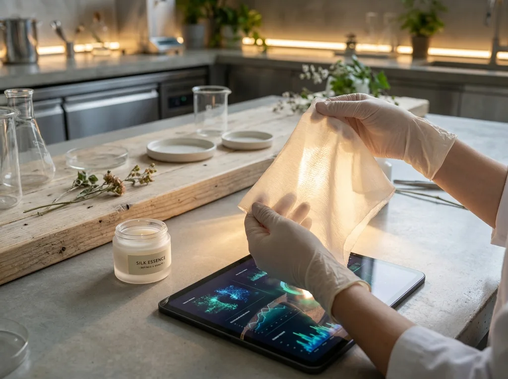 A sterile but organic laboratory environment where traditional materials meet modern scientific visualization