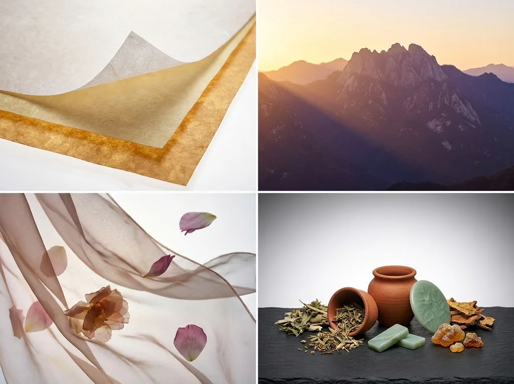 Rough hanji paper grain in extreme proximity, three translucent sheets stacked so light filters through each differently the deepest layer warm amber, the middle pale gold, the surface almost white One corner of the topmost sheet lifts, barely, as if breathing Extreme macro