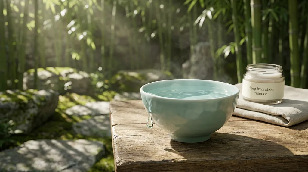 A serene, traditional Korean wabi-sabi setting with a minimalist celadon bowl, invoking deep hydration and timeless beauty