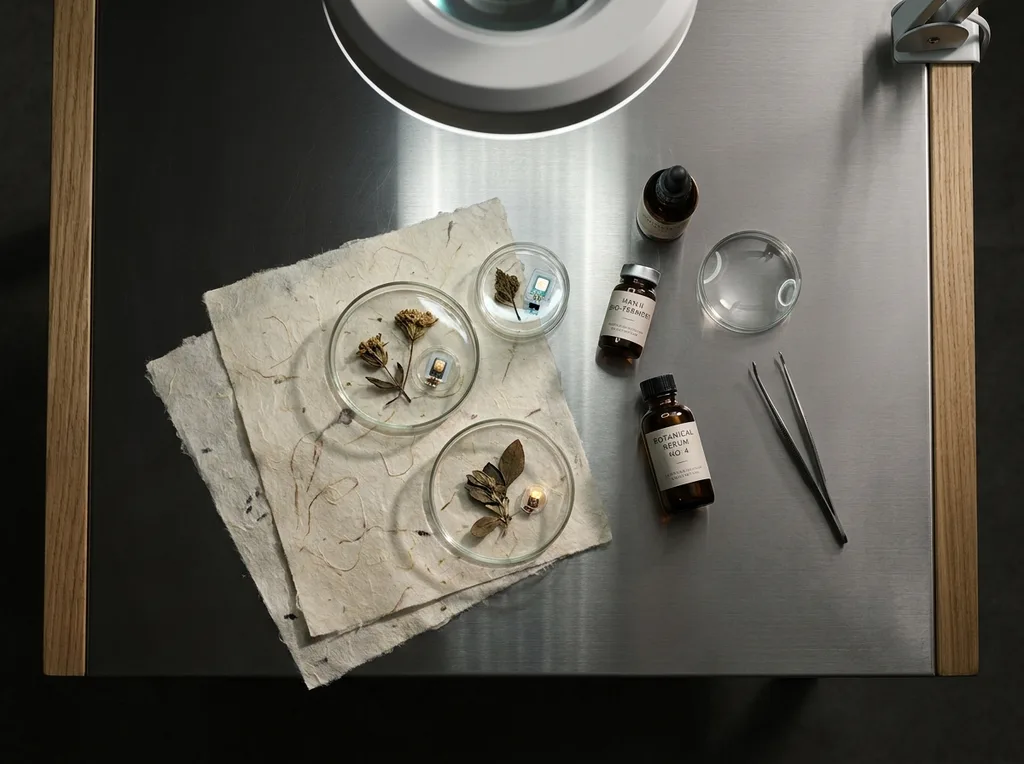 A sterile but organic laboratory environment where traditional hanji paper meets modern scientific observation