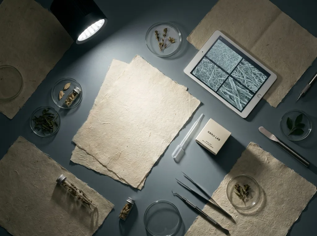 A sterile but organic laboratory environment where traditional hanji paper meets modern scientific observation
