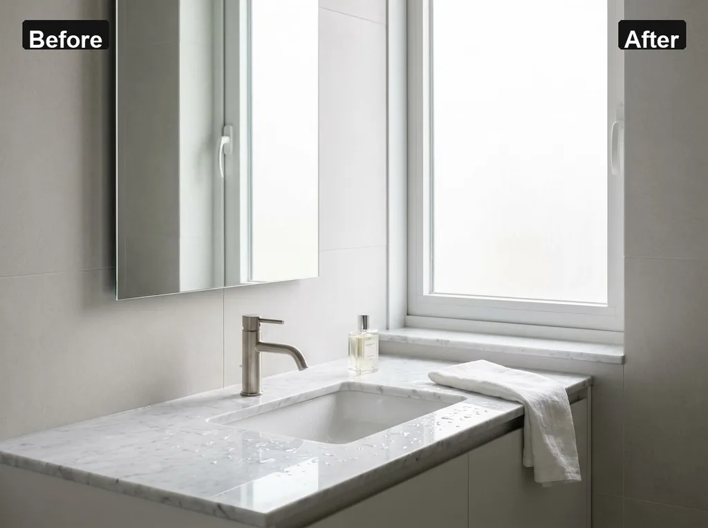 A clean, clinical bathroom vanity with water droplets on a marble surface, emphasizing simplicity and utility