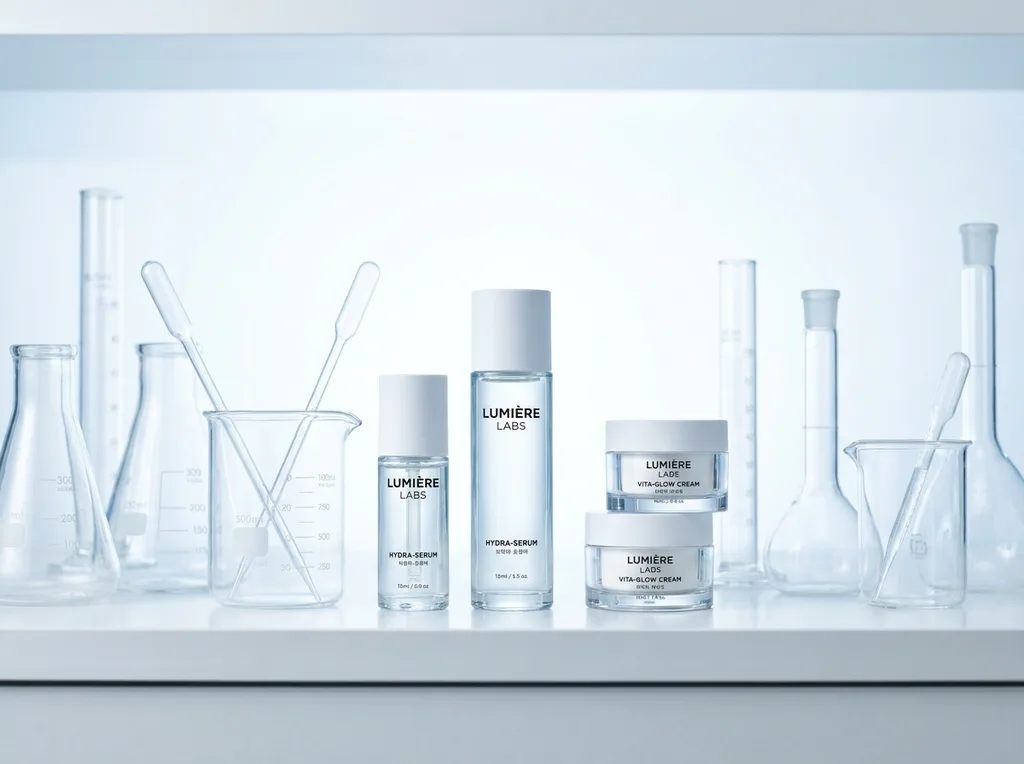 Scientific laboratory aesthetic with a clean, clinical white background and glass beakers