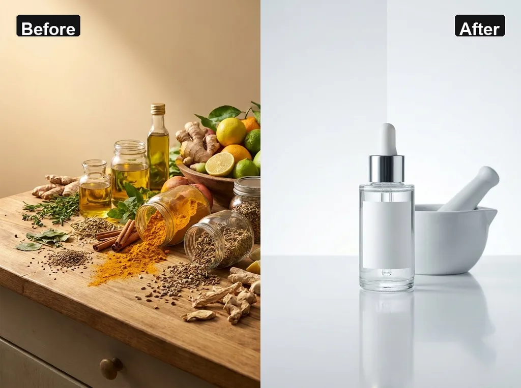 A split-screen visual one side showing messy, raw kitchen ingredients, the other a sleek, professional clinical bottle