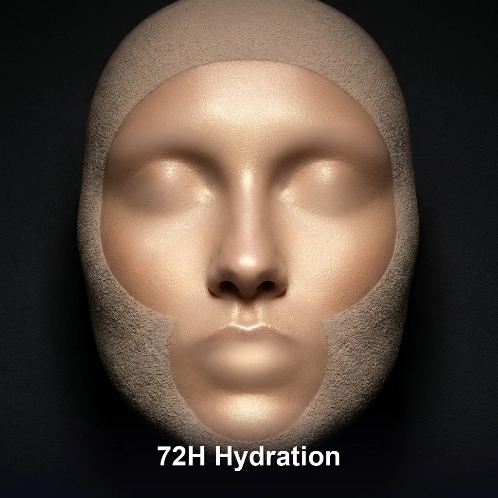 A graphic, top-down view of a face map with glowing light-capture zones highlighted in soft gold against a matte-powdered perimeter