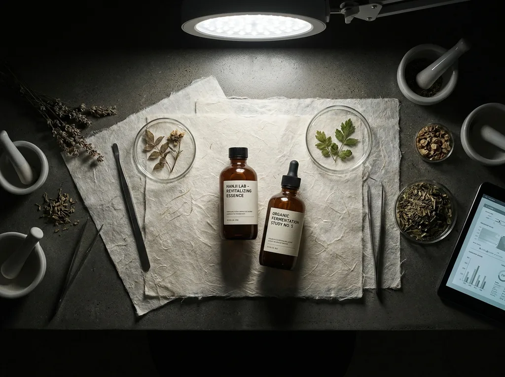 A sterile but organic laboratory environment where traditional hanji paper meets modern scientific observation