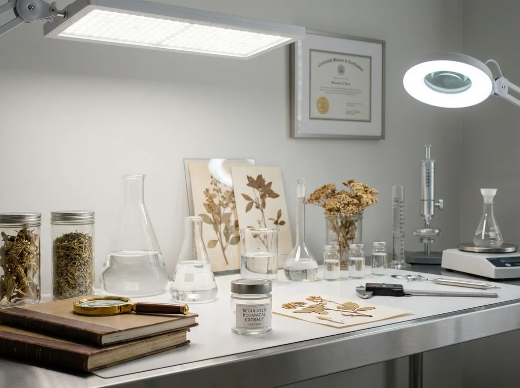 Scientific yet refined laboratory workspace, showcasing the intersection of traditional botanicals and strict government regulations