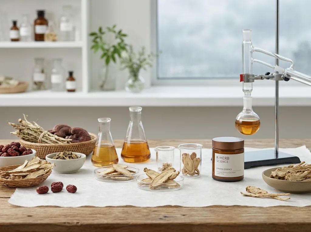 An organic, scientific botanical setup combining traditional Korean medicinal herbs with clean, modern laboratory glass