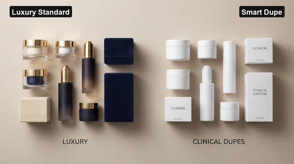 Clean, editorial product flat lay highlighting the direct visual comparison between luxury packaging and smart clinical dupes