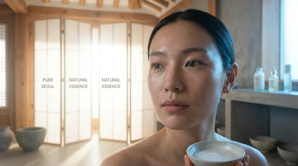A minimalist, ethereal Seoul studio with soft morning light filtering through rice paper screens, emphasizing natural skin texture over perfection