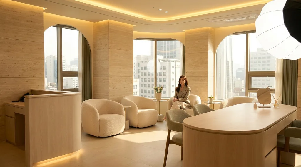 A serene, high-end aesthetic clinic in Gangnam with soft beige textures and organic, rounded furniture