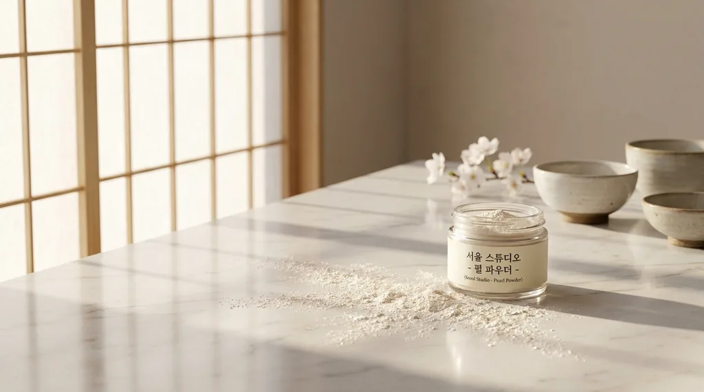 Minimalist Seoul studio, featuring a clean white marble surface with a scattering of fine, pearl-white powder