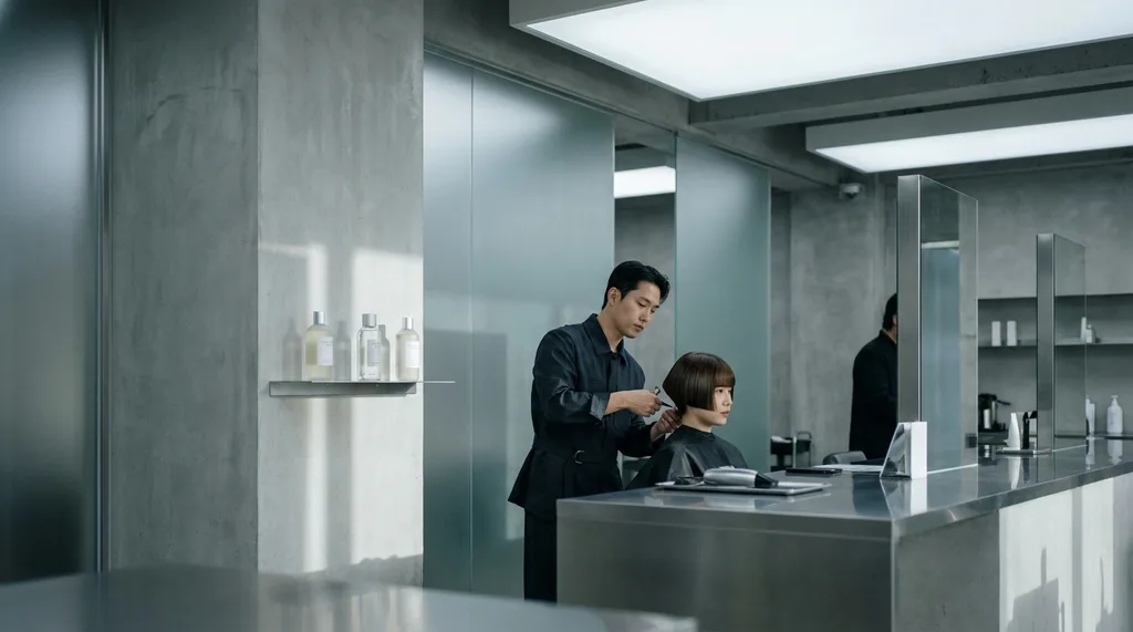 A sleek, high-end, and clinical environment that exudes the precision and restraint of a professional Korean grooming space