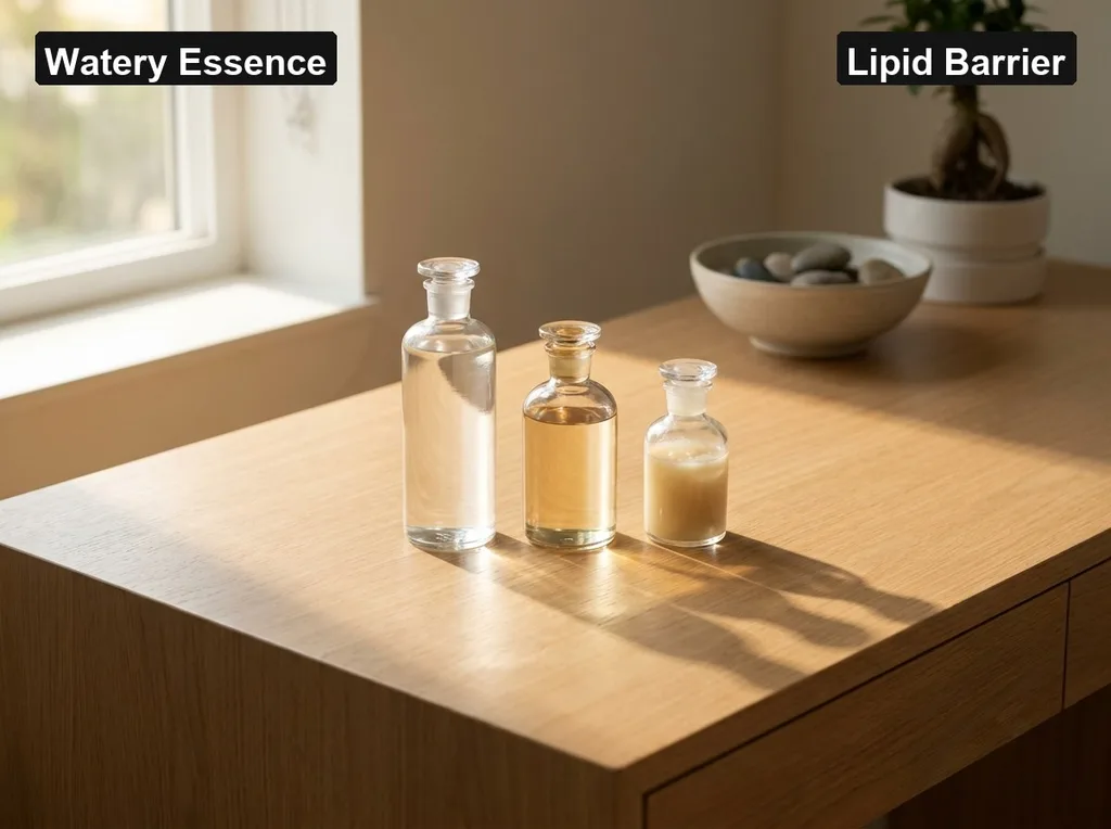 A serene, zen-inspired vanity table made of light oak, featuring three distinct glass bottles arranged by height and viscosity