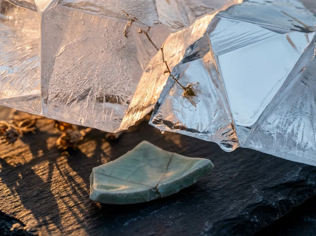 Rough texture of cracked ice crystal geometry at extreme closeness the fracture line catching amber light from one angle, the intact crystal faces reflecting pale blue beside it One edge of the fracture still sharp, one edge beginning to melt Slightly above, angled down, single cracked celadon shard on dark slate