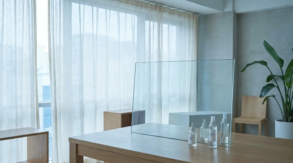 A serene, minimalist Seoul studio at dawn, featuring a single, pristine glass pane reflecting soft, diffused morning light through sheer linen curtains