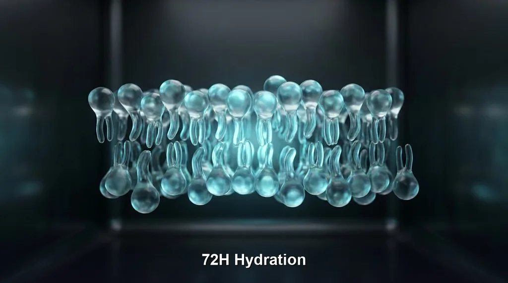 A conceptual, scientific visualization of a healthy lipid bilayer, rendered in soft, translucent, organic shapes floating in a clean, clinical space