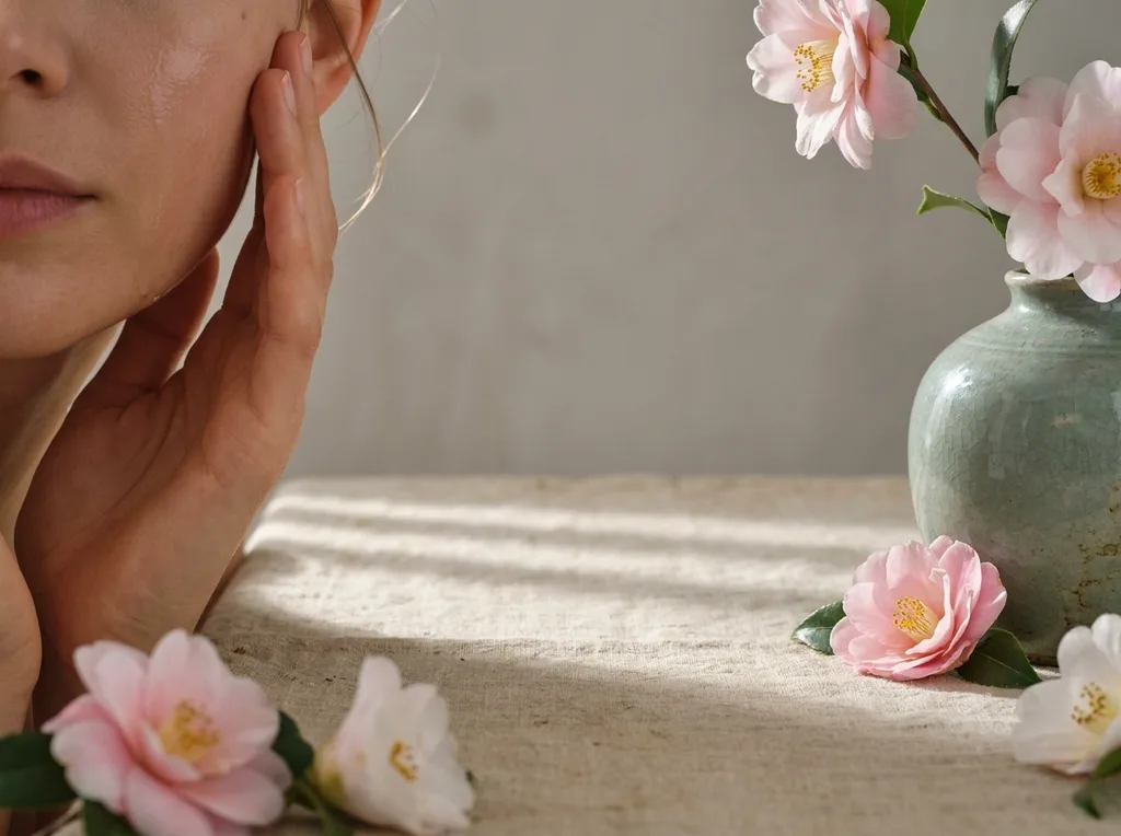 The warmth of human palms pressed softly against a cheekbone, fingers barely visible at the edges A faint sheen on the skin surface from toner still absorbing One strand of hair catching light at the frame edge, not fully in the composition Eye level, close, wild camellia blossoms surrounding