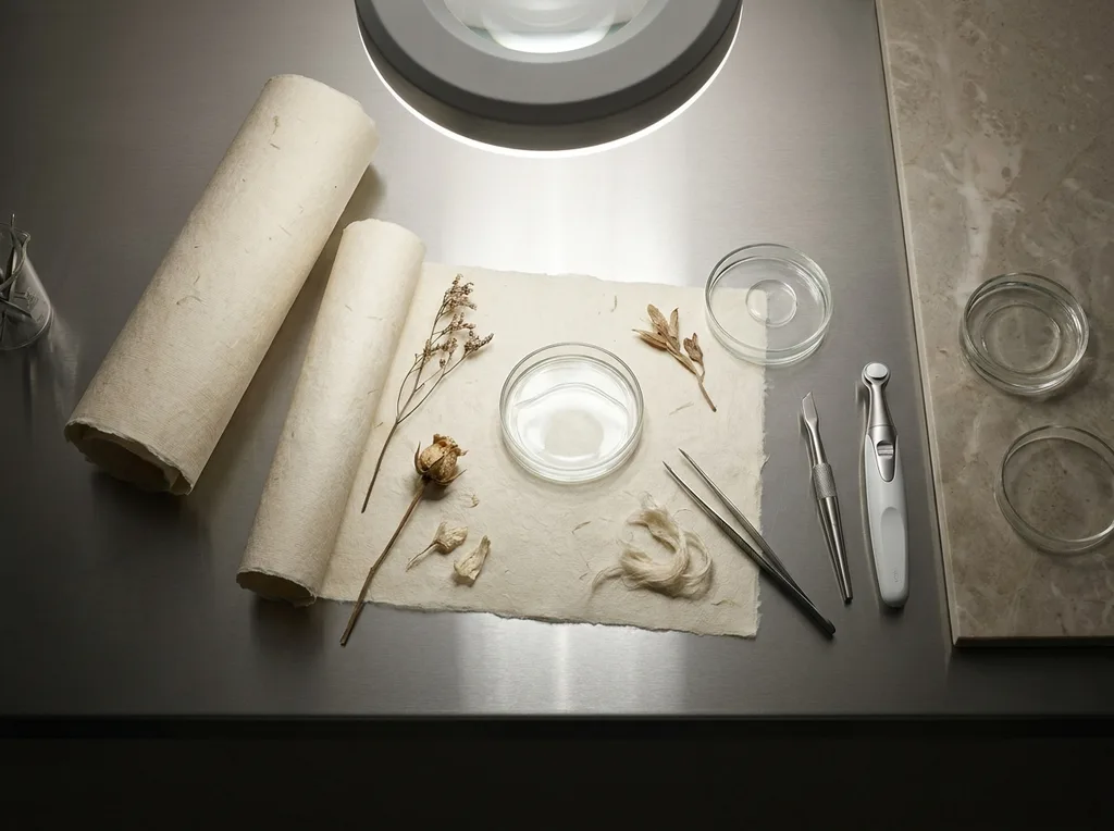 A sterile but organic laboratory environment where traditional hanji paper meets modern scientific observation