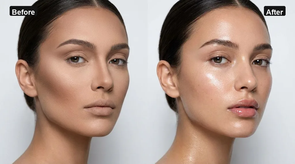A split-screen aesthetic showing a matte, heavy-contour finish on the left versus a translucent, water-glow finish on the right