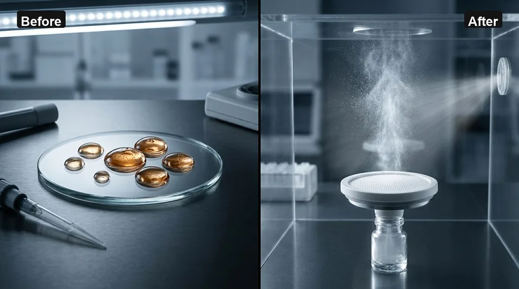 A split-screen laboratory setup one side showing heavy, viscous droplets sitting on a surface, the other showing fine, mist-like particles penetrating a porous membrane
