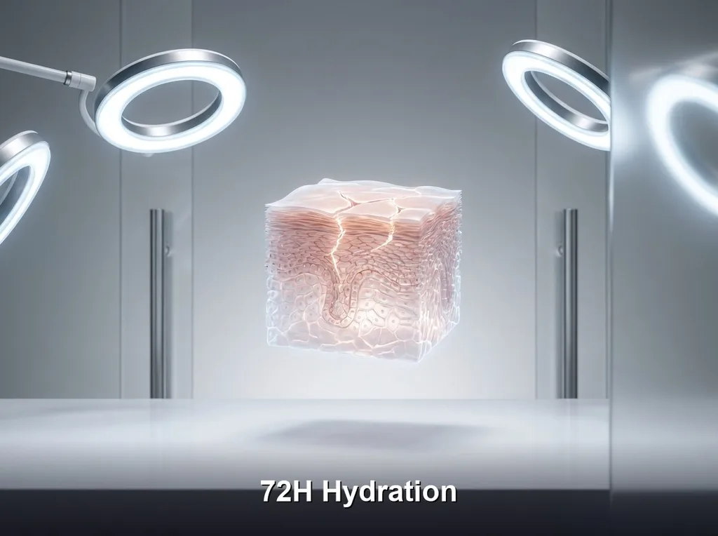 A clinical yet aesthetic laboratory setting, featuring a stylized 3D cross-section model of the epidermis floating in a clean, neutral space