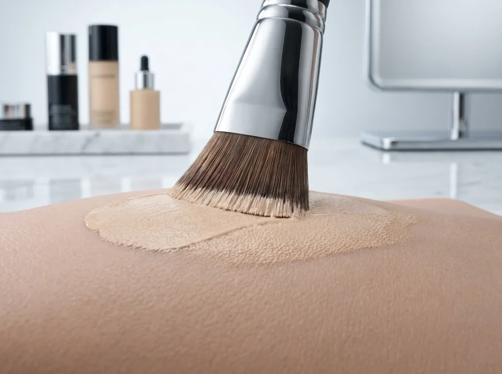 A professional makeup artists workstation A dense, flat-top synthetic brush is captured mid-motion, pressing a thin layer of foundation onto a surface that mimics the texture of human skin