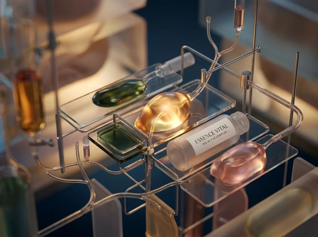 An abstract, microscopic laboratory view rendered with organic warmth and architectural precision