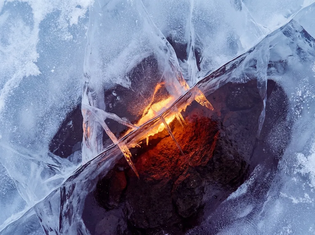 Perfect ice sheet fractured by a single hairline crack, amber warmth radiating from within the break where light escapes The edges of the fracture still sharp damage recent, not yet collapsed Volcanic basalt just visible beneath Aerial directly overhead, single cracked celadon shard on dark slate
