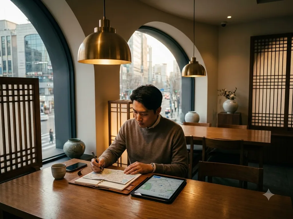 A modern Seoul cafe where a traveler maps out their medical itinerary, blending digital utility with traditional comfort