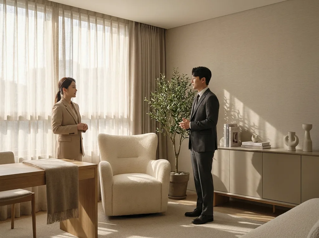 A calm, professional consultation room in Gangnam, featuring soft textures and neutral tones
