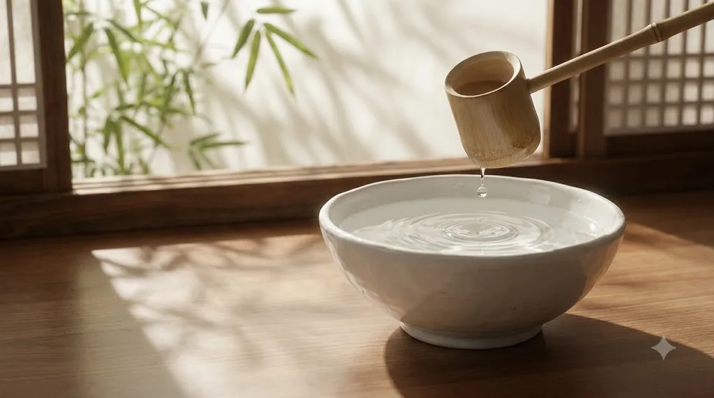 A quiet, traditional Korean aesthetic embodying restraint, purity, and deep hydration