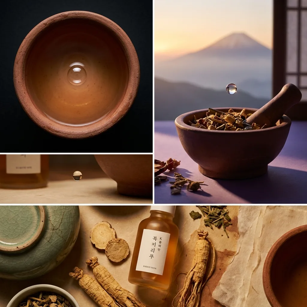 Rough clay vessel, cold and slightly damp to the touch, its interior holding a faintly luminous amber liquid A single bubble rising toward the surface not yet broken Aerial directly overhead, the vessel centered in darkness, Korean earthenware mortar holding botanicals