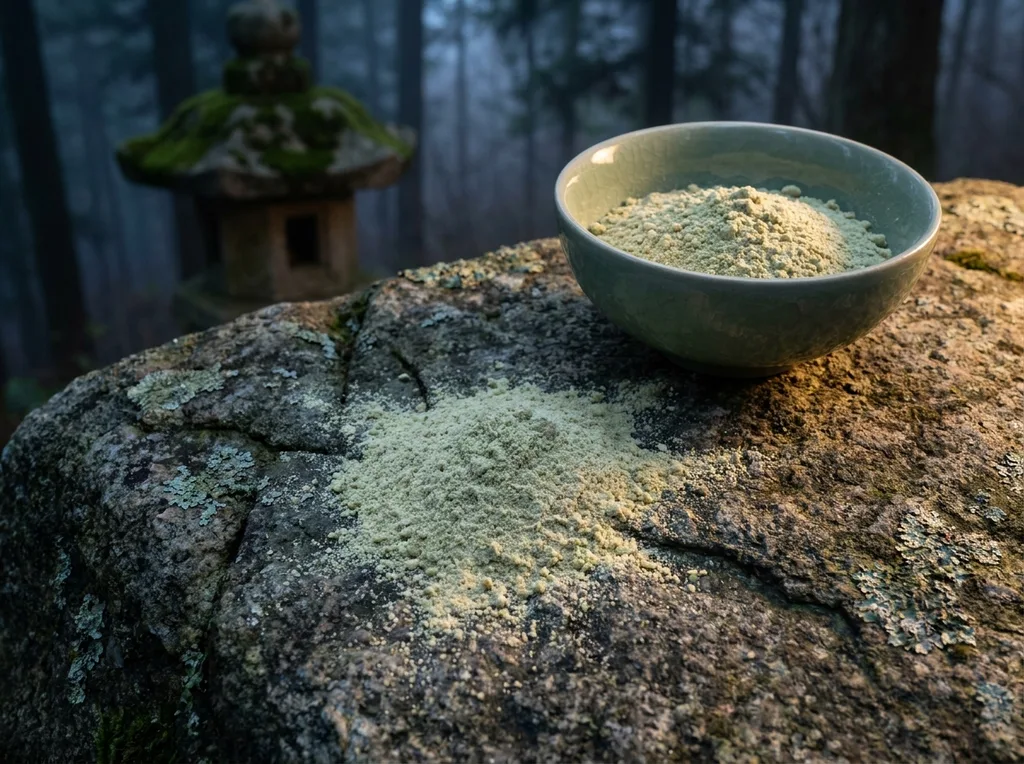 Fine, powdery dust of ground mung beans resting on a weathered granite slab Sharp, granular edges contrast with the smooth stone Macro shot, side lighting to emphasize depth, celadon bowl cradling the raw material