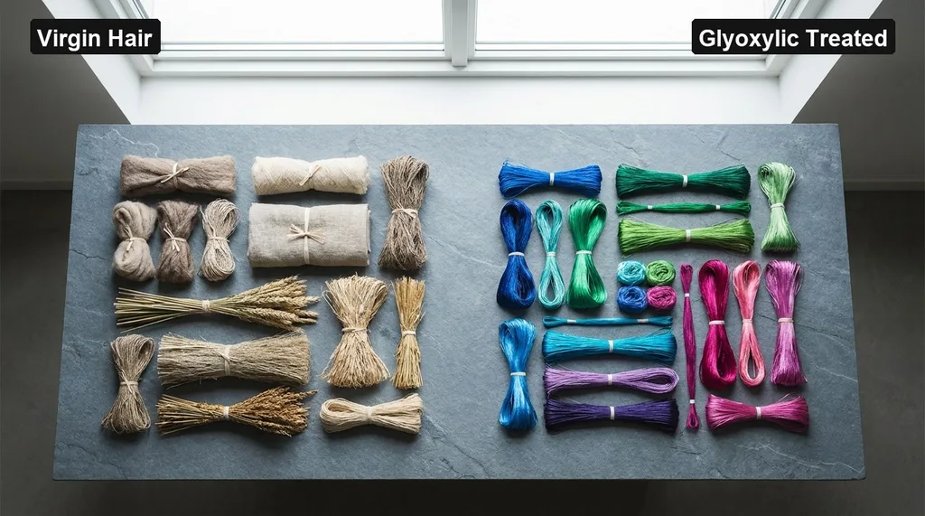 Clean architectural flat lay on a slate grey table, contrasting untreated strands with chemically processed fibers