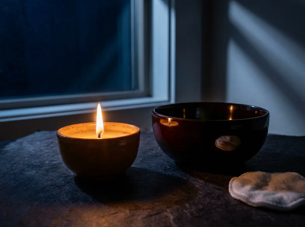 Amber warmth radiating from a single flame onto dark hanji paper, a lacquer bowl reflecting the light in a single curved line One cotton pad rests at the edge of the frame, slightly soft Behind the subject, the window shows only darkness