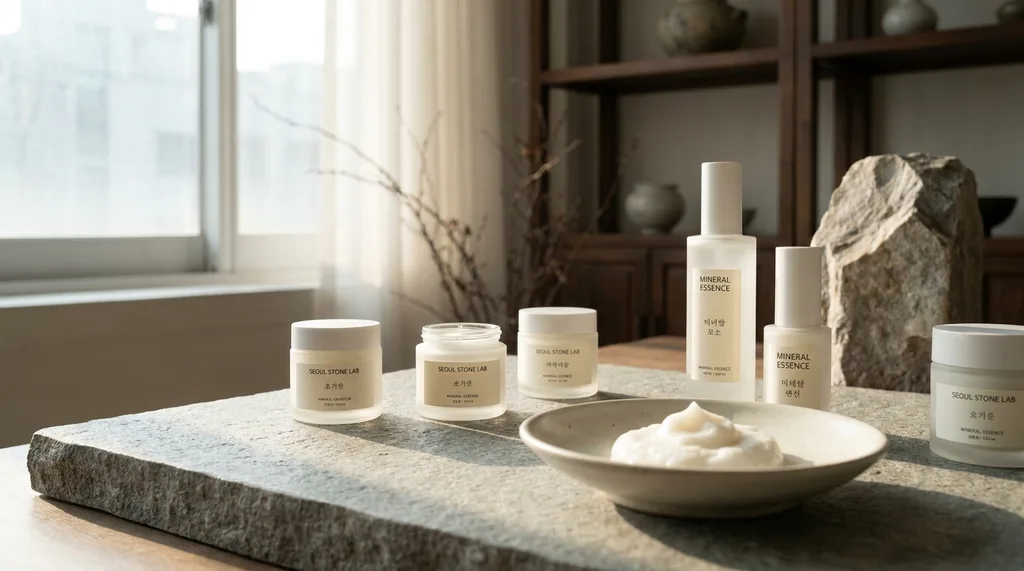 A serene, contemplative Seoul studio space where traditional stone and modern skincare science intersect