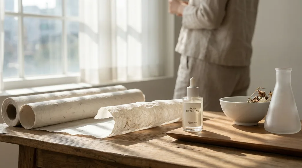 A serene, minimalist Korean studio atmosphere, blending traditional textures with modern scientific simplicity