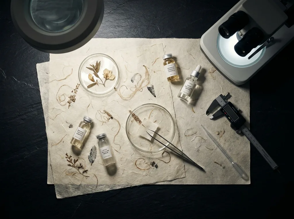 A sterile but organic laboratory environment where traditional hanji paper meets modern scientific observation
