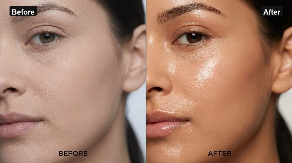 A split-screen composition showing a side-by-side view of a models cheek, transitioning from a dull, tight appearance to a plump, dewy finish