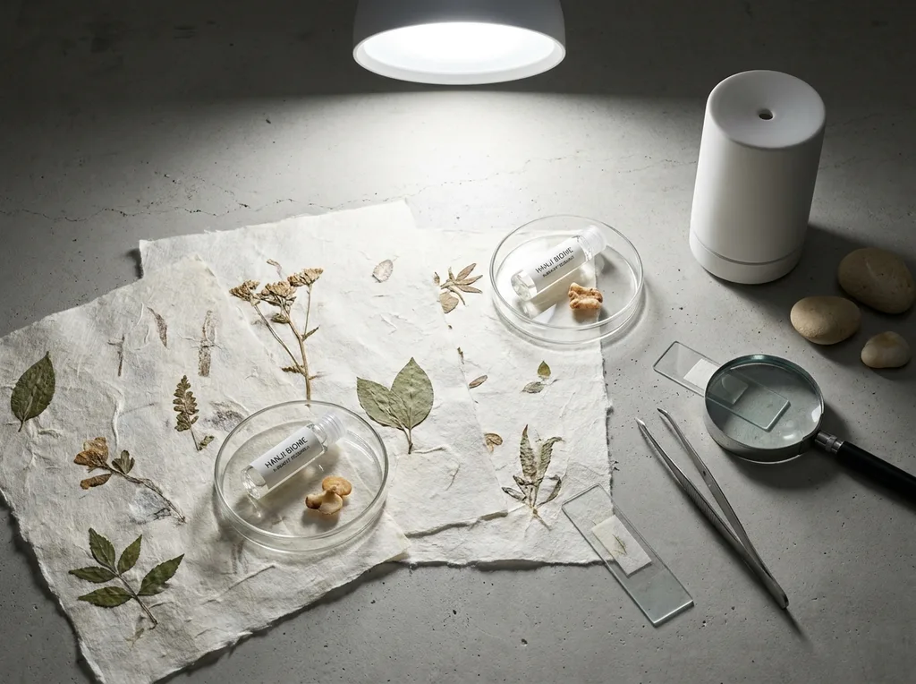 A sterile but organic laboratory environment where traditional hanji paper meets modern scientific observation
